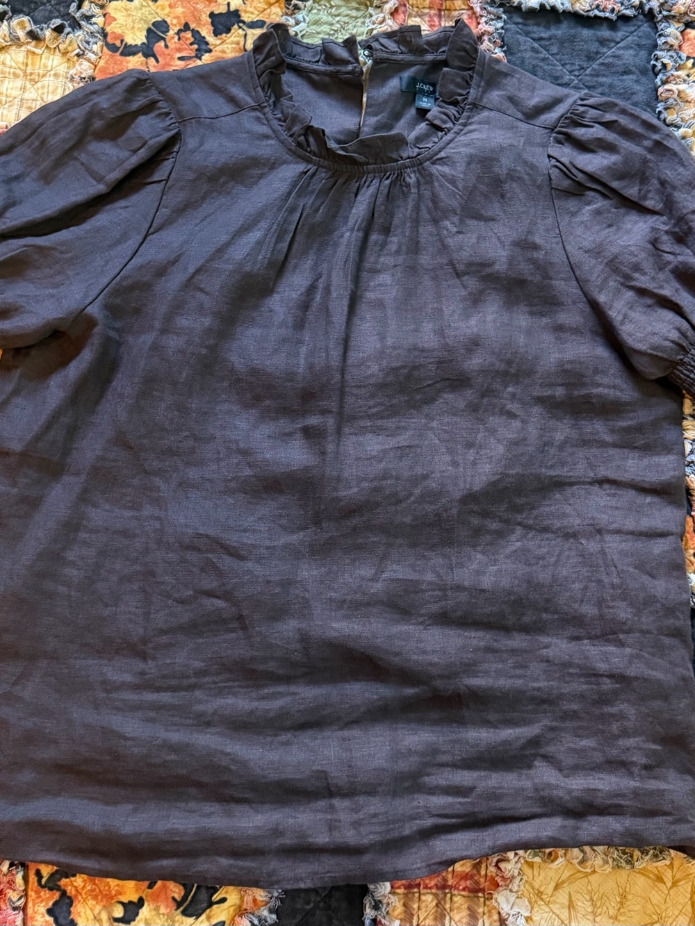 J. Crew Dark Brown Ruffled Neck Linen Top